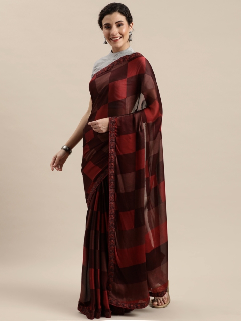 

Pisara Maroon & Brown Poly Chiffon Checked Saree