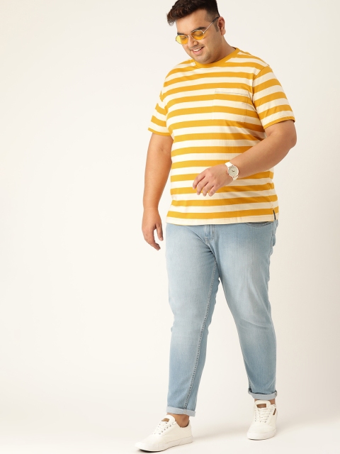 

Sztori Men Plus Size Mustard Yellow and Cream-Coloured Yarn Dyed Cotton Striped T-Shirt