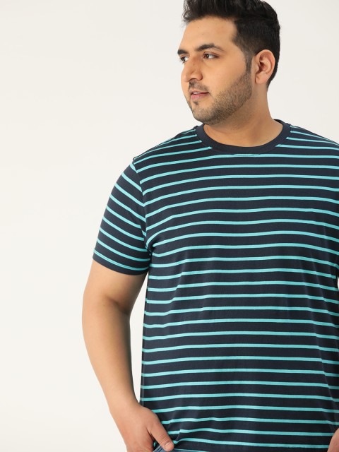 

Sztori Men Plus Size Navy Pure Cotton Yarn Dyed Striped T-shirt, Navy blue