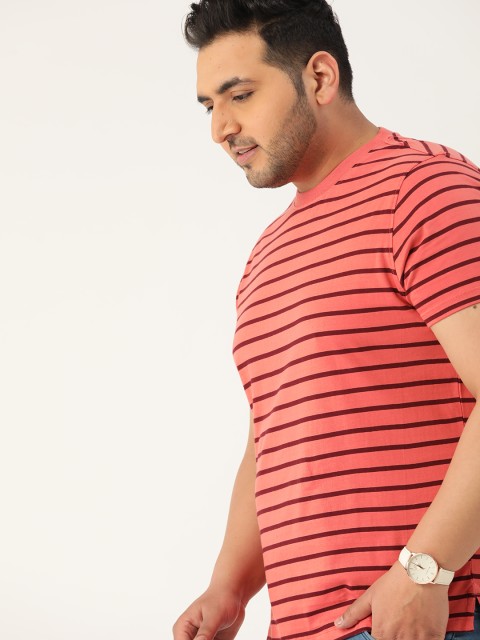 

Sztori Men Plus Size Coral Pink & Maroon Pure Cotton Striped T-shirt