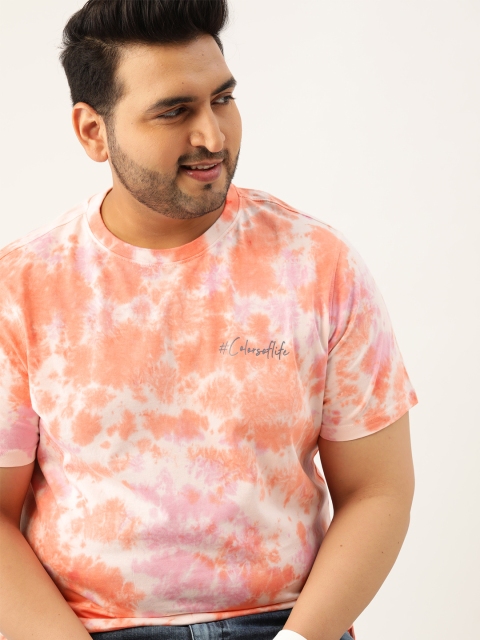 

Sztori Men Plus Size Peach-Coloured White Tie Dye Printed Pure Cotton T-shirt