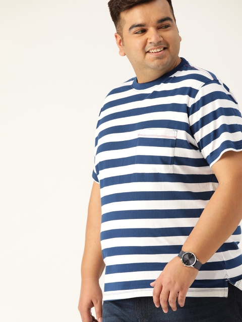 

Sztori Men Plus Size Navy & White Pure Cotton Yarn Dyed Striped Round Neck T-shirt, Navy blue