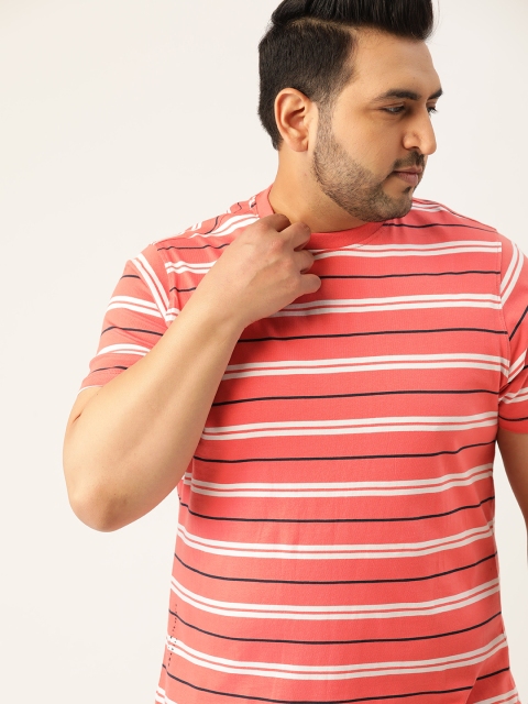 

Sztori Men Plus Size Coral Pink & White Yarn Dyed Cotton Striped Round Neck T-shirt