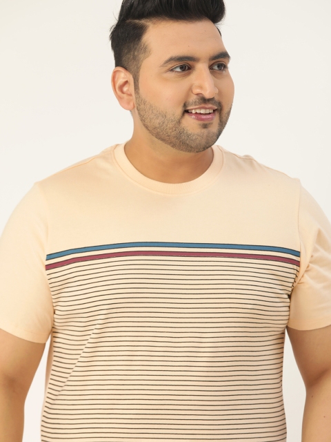 

Sztori Men Plus Size Cream-Coloured & Black Pure Cotton Striped Round Neck T-shirt