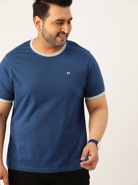 

Sztori Men Plus Size Navy Blue Solid Cotton Round Neck T-shirt