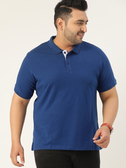 

Sztori Plus Size Men Blue Solid Polo Collar Pure Cotton T-shirt
