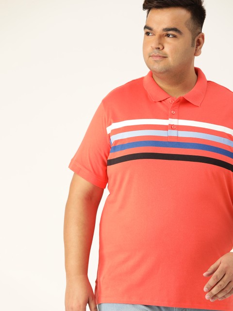 

Sztori Men Plus Size Coral Pink and White Pure Cotton Striped T-Shirt