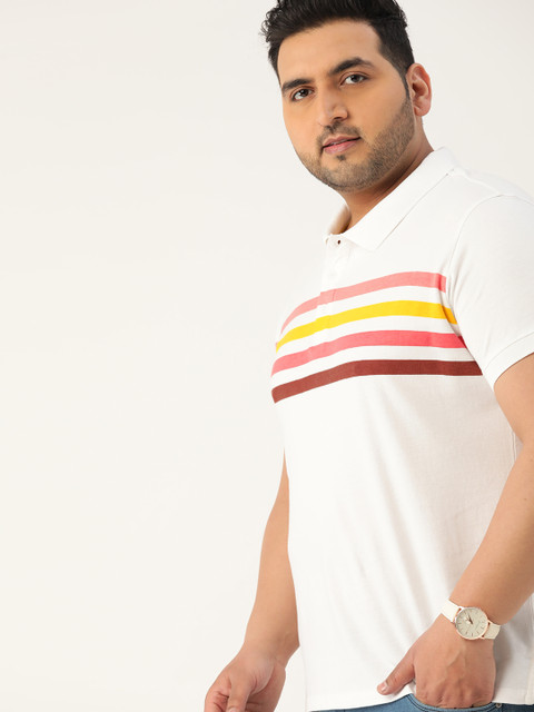 

Sztori Men Plus Size White & Pink Pure Cotton Striped T-shirt