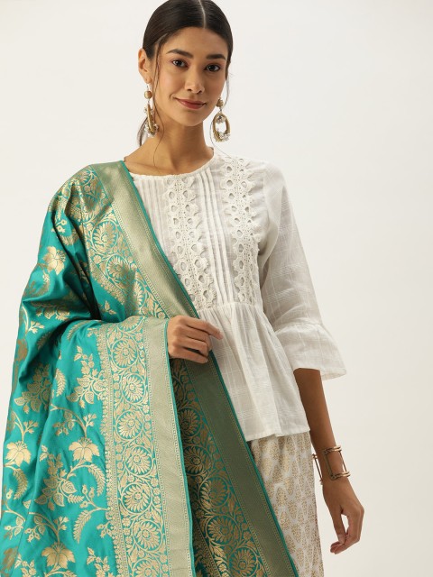 

VASTRANAND Teal & Gold-Toned Woven Design Banarasi Dupatta