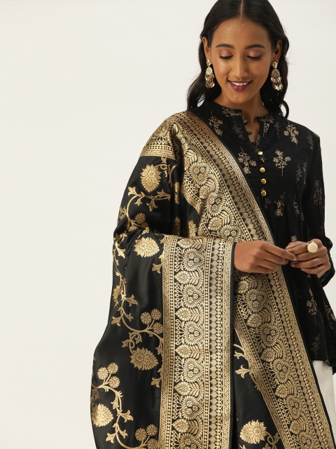 

VASTRANAND Black & Gold-Toned Woven Design Banarasi Dupatta