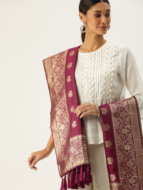

VASTRANAND Magenta Pink & Gold-Toned Woven Design Dupatta