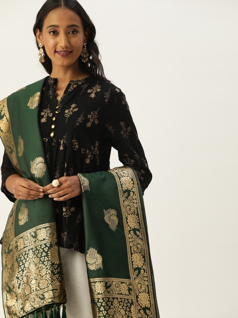 

VASTRANAND Green & Gold-Toned Woven Design Banarasi Dupatta