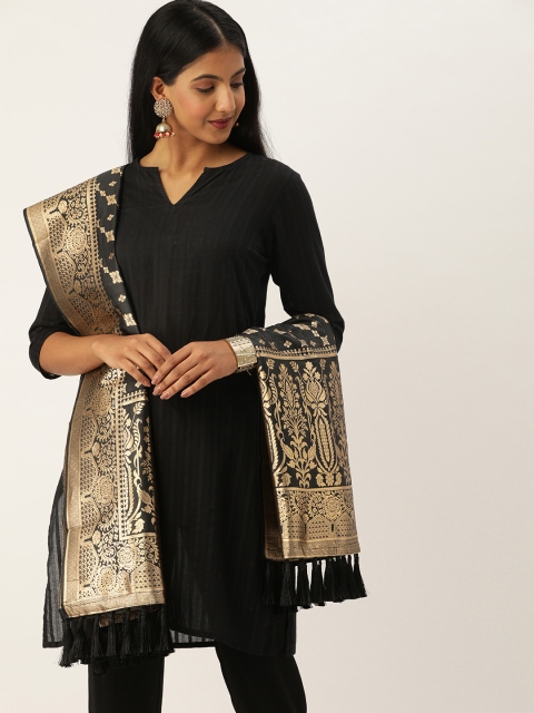 

VASTRANAND Black & Gold-Toned Woven Design Dupatta