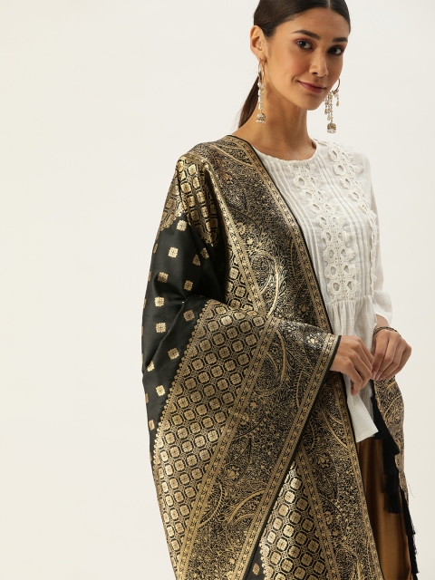

VASTRANAND Black & Gold-Coloured Woven Design Dupatta