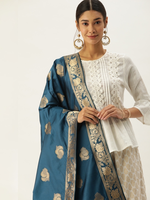 

VASTRANAND Women Blue & Gold-Toned Woven Design Banarasi Dupatta