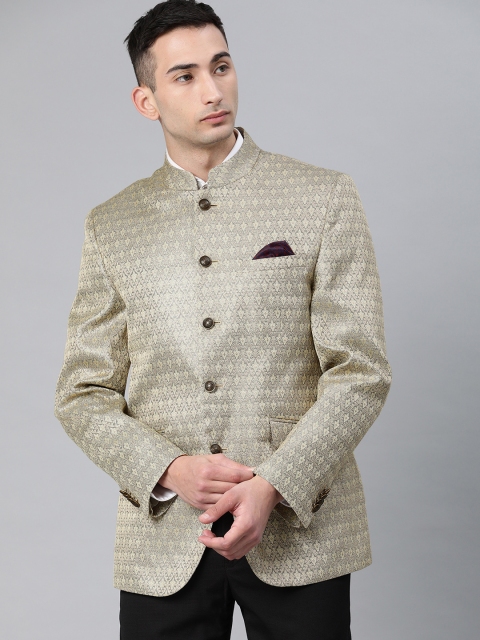 

Van Heusen Men Grey Slim Fit Ethnic Motifs Patterned Bandhgala Blazer