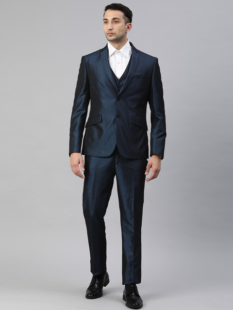 

V Dot Men Navy Blue 3 Piece Solid Slim-fit Formal Suit