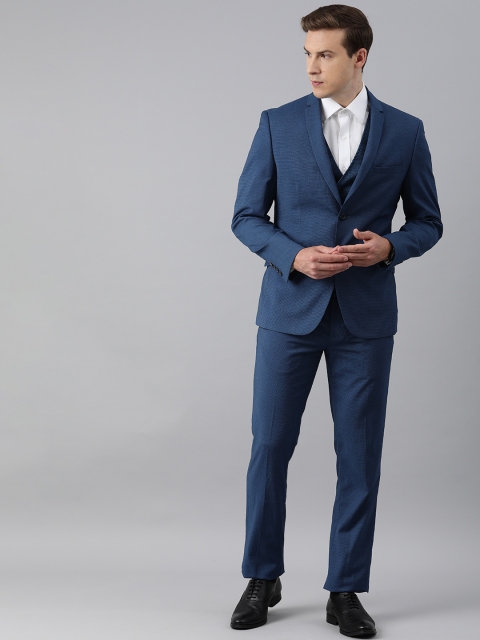 

V Dot Men Blue Skinny Fit Self Designed Single-Breasted 3-Piece Formal Suit