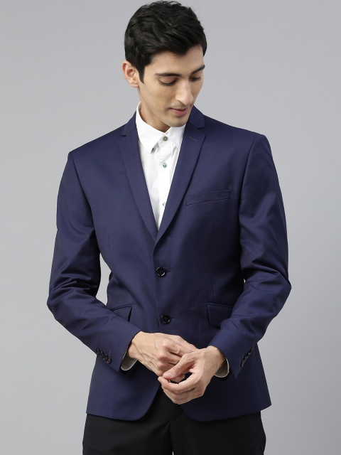 

V Dot Men Navy Blue Solid Skinny Fit Single-Breasted Formal Blazer