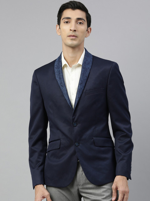 

V Dot Men Navy Blue Solid Single-Breasted Blazer