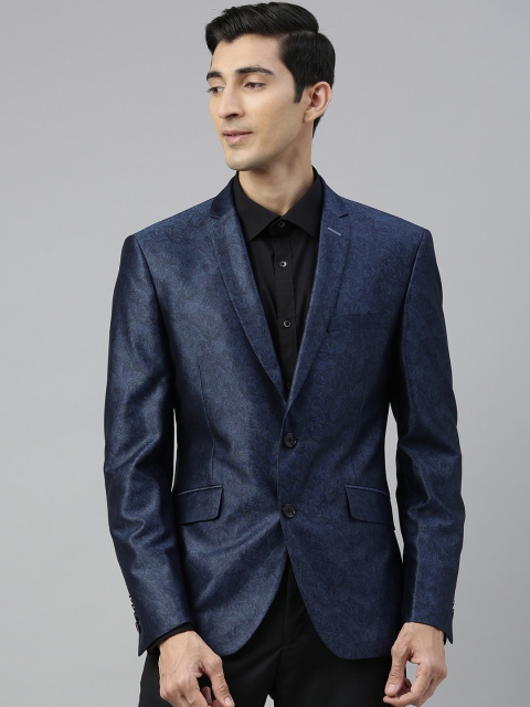 

V Dot Men Navy Blue Printed Skinny Fit Single-Breasted Formal Blazer