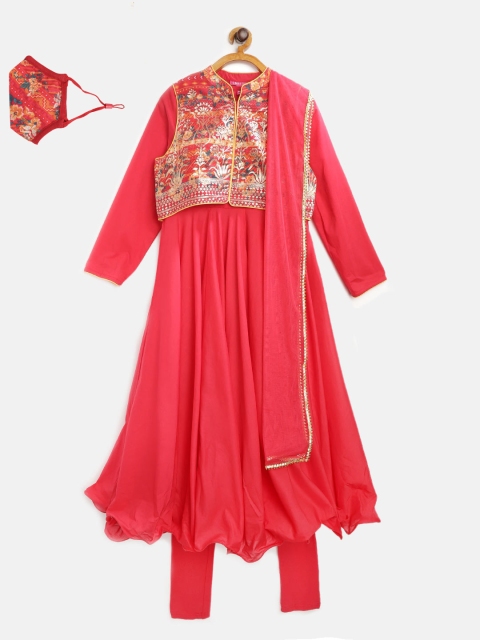 

Biba Girls Pink Golden Solid Kurta Set with Jacket