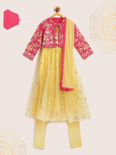 

Biba Girls Yellow & Pink Embellished Net Anarkali Kurta with Legging & Dupatta