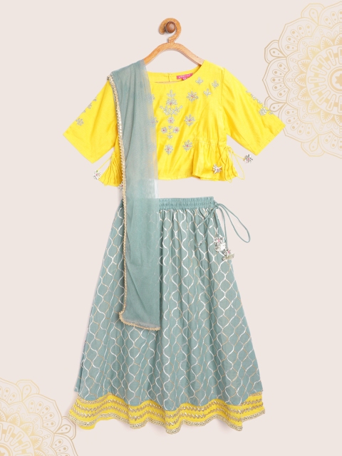 

Biba Girls Yellow & Grey Embroidered Ready to Wear Lehenga & Blouse With Dupatta