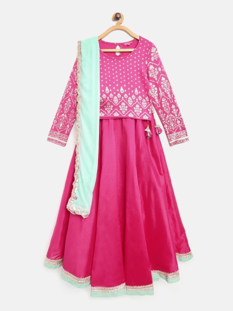 

Biba Girls Fushia & Golden Ethnic Motifs Print Ready to Wear Lehenga & Blouse with Dupatta, Fuchsia