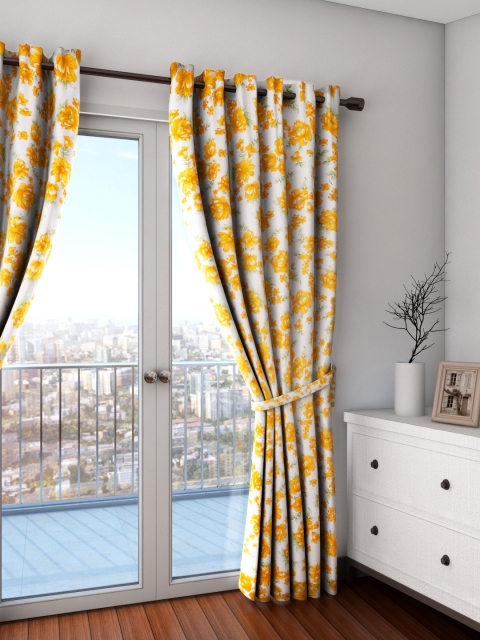 

SWAYAM Sigma White & Yellow Single Floral Print Blackout Door Curtain