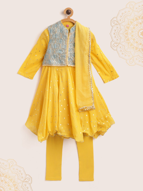 

Biba Girls Yellow & Golden Geometric Printed Anarkali Kurta with Leggings & Dupatta