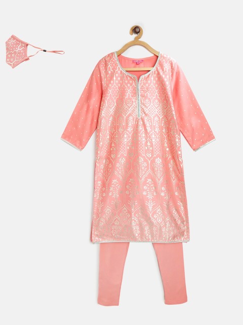 

Biba Girls Peach-Coloured Golden Ethnic Motif Print Kurta with Churidar