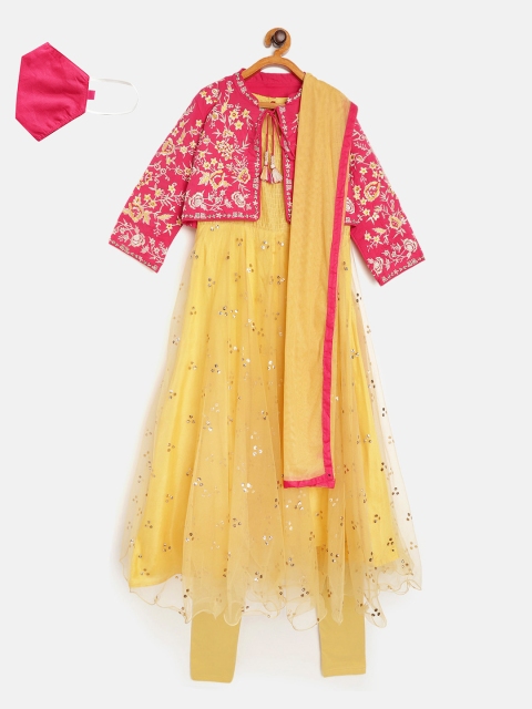 

Biba Girls Mustard Yellow Pink Glitter Kurta Set with Ethnic Jacket