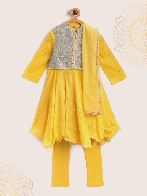 

Biba Girls Yellow & Golden Geometric Printed Anarkali Kurta with Leggings & Dupatta