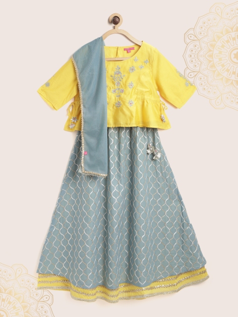 

Biba Girls Yellow & Grey Embroidered Ready to Wear Lehenga & Blouse With Dupatta