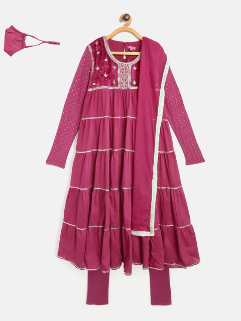 

Biba Girls Magenta Yoke Design Kurta with Churidar, Dupatta