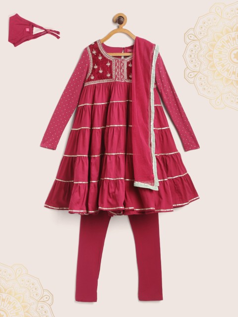 

Biba Girls Pink Yoke Embroidered Tiered Gotta Patti Kurta with Churidar & Dupatta