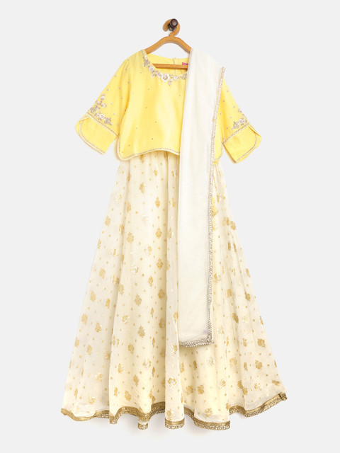 

Biba Cream Coloured & Golden Woven Ready to Wear Cotton Lehenga & Blouse with Dupatta, White