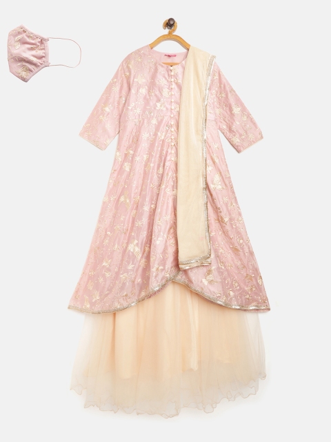 

Biba Girls Mauve Cream-Coloured Embroidered Kurta with Skirt Dupatta