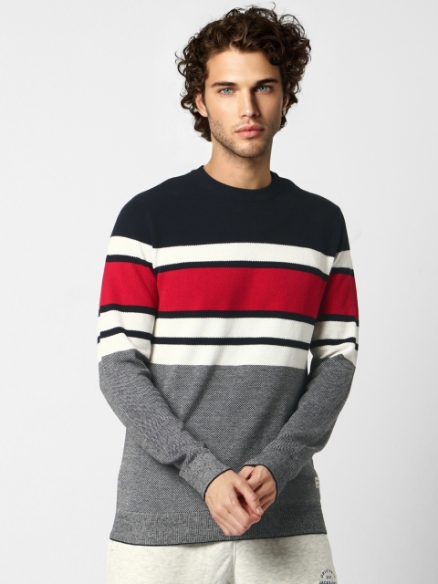 

Jack & Jones Men Navy Blue & White Colourblocked Pullover Sweater