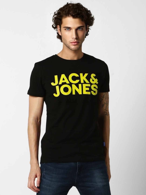 

Jack Jones Men Black Slim Fit Printed Round Neck Pure Cotton T-shirt