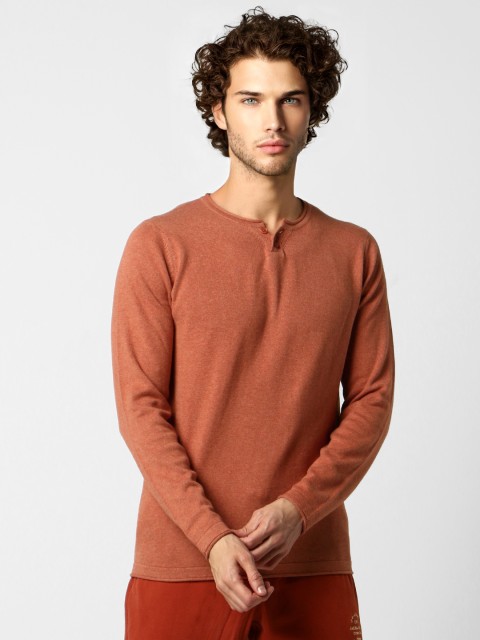 

Jack & Jones Men Rust Orange Slim Fit Solid Henley Neck Pullover Sweater