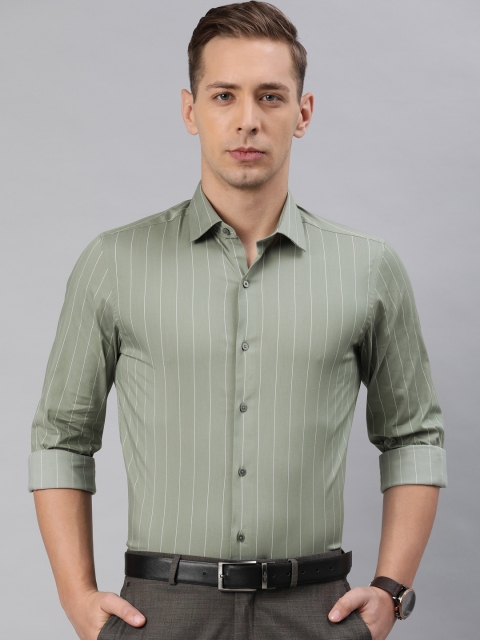 Arrow New York Men Green & White Snug Fit Striped Formal Shirt