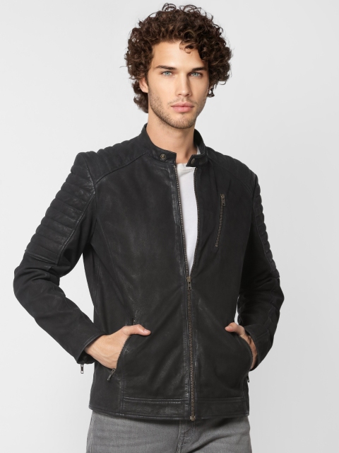 

Jack & Jones Men Black Solid Biker Leather Jacket