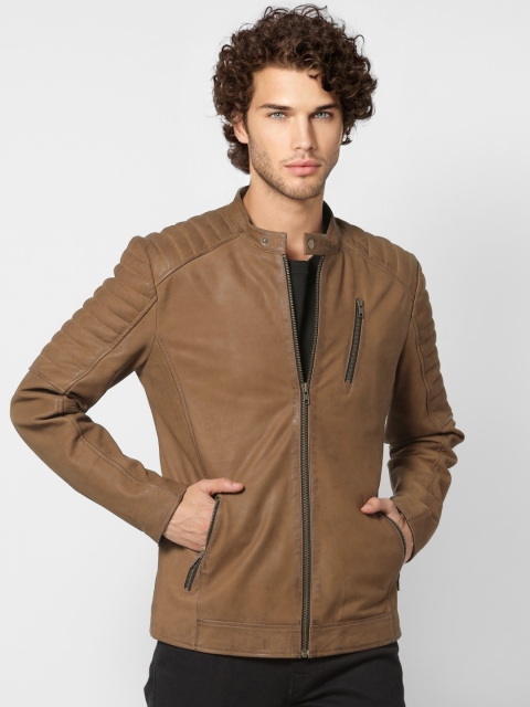 

Jack & Jones Men Brown Solid Leather Biker Jacket