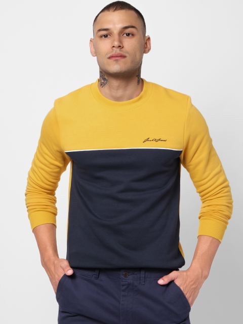 

Jack & Jones Men Yellow & Navy Blue Colourblocked Sweatshirt