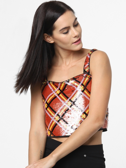 

ONLY Women Rust Orange & Yellow Sequined Cropped Top