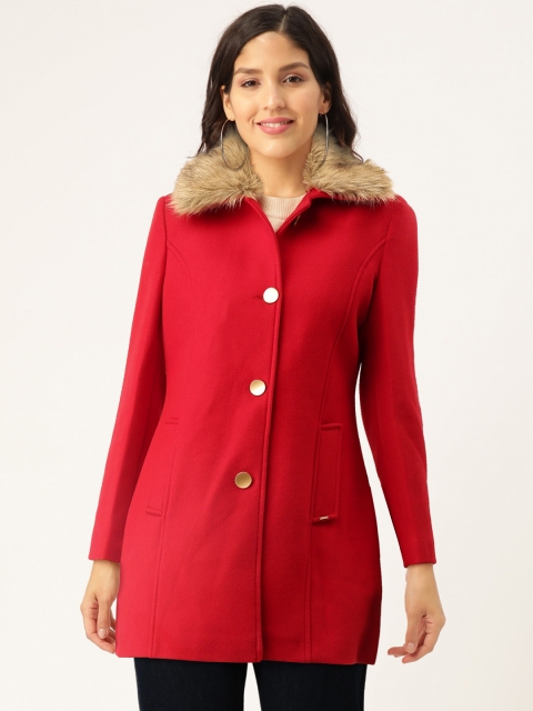 

Okane Women Red Solid Overcoat