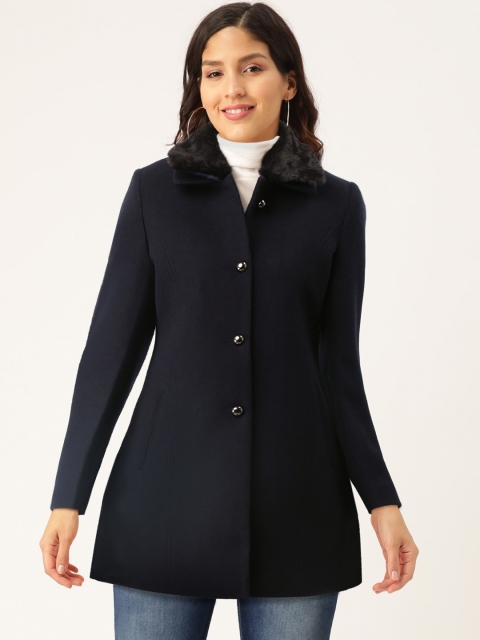 

Okane Women Navy Blue Solid Hip Length Parka Coat