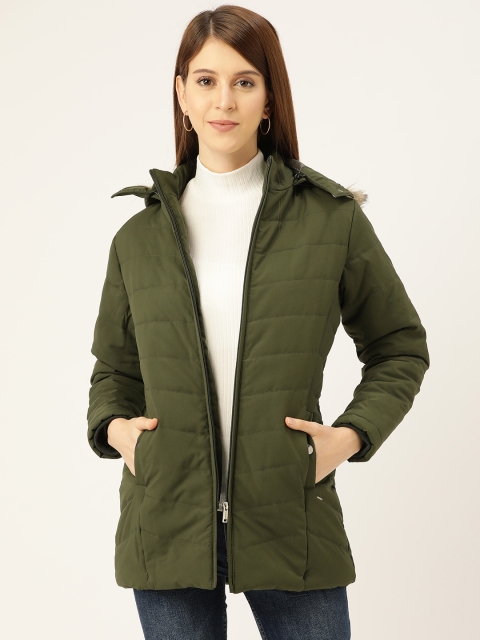 

Okane Women Olive Green Solid Longline Hooded Parka Jacket